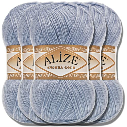 Hobby YARN Alize 5x 100g Angora Gold Türkische Premium Wolle Dünne Mohair aus Schurwolle Babywolle als Strickgarn Handstrickgarn Einfarbig Uni Yarn (Denim Melange | 221) von Hobby YARN