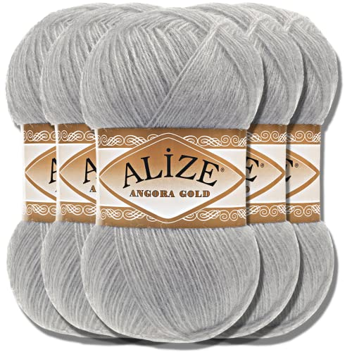 Hobby YARN Alize 5x 100g Angora Gold Türkische Premium Wolle Dünne Mohair aus Schurwolle Babywolle als Strickgarn Handstrickgarn Einfarbig Uni Yarn (Grey | 21) von Hobby YARN