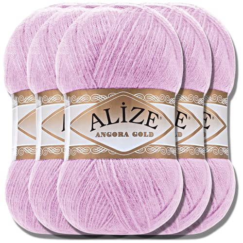 Hobby YARN Alize 5x 100g Angora Gold Türkische Premium Wolle Dünne Mohair aus Schurwolle Babywolle als Strickgarn Handstrickgarn Einfarbig Uni Yarn (Lilac | 27) von Hobby YARN