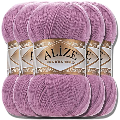 Hobby YARN Alize 5x 100g Angora Gold Türkische Premium Wolle Dünne Mohair aus Schurwolle Babywolle als Strickgarn Handstrickgarn Einfarbig Uni Yarn (Rose | 28) von Hobby YARN