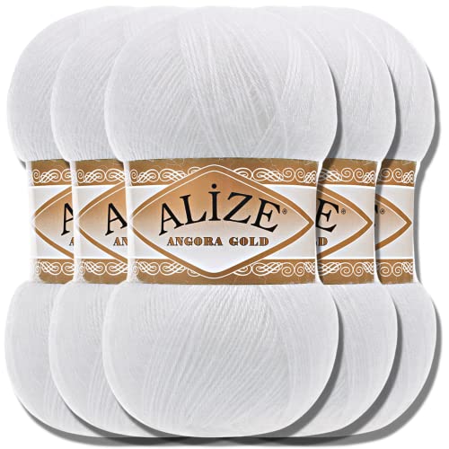 Hobby YARN Alize 5x 100g Angora Gold Türkische Premium Wolle Dünne Mohair aus Schurwolle Babywolle als Strickgarn Handstrickgarn Einfarbig Uni Yarn (White | 55) von Hobby YARN