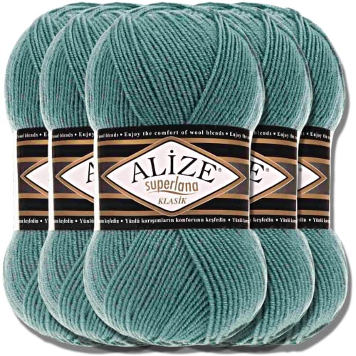 Hobby YARN Alize Superlana Klasik 5 x 100 g Türkische Premium Wolle Baumwolle und Acryl Uni Handstrickgarne Yarn Garn Strickgarn Baby zum Stricken Strickgarn (Azure | 164) von Hobby YARN