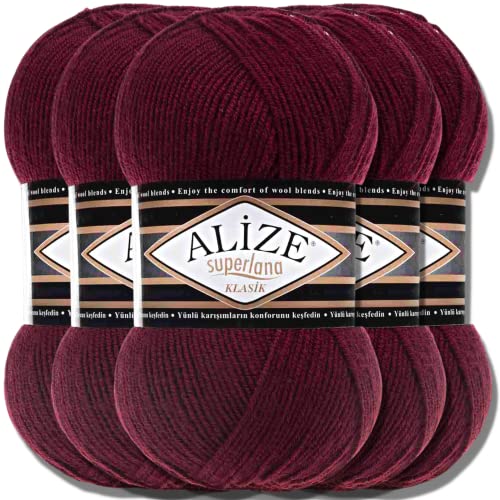 Hobby YARN Alize Superlana Klasik 5 x 100 g Türkische Premium Wolle Baumwolle und Acryl Uni Handstrickgarne Yarn Garn Strickgarn Baby zum Stricken Strickgarn (Bordeaux | 57) von Hobby YARN