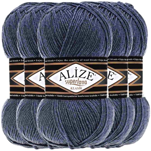 Hobby YARN Alize Superlana Klasik 5 x 100 g Türkische Premium Wolle Baumwolle und Acryl Uni Handstrickgarne Yarn Garn Strickgarn Baby zum Stricken Strickgarn (Denim Melange | 203) von Hobby YARN