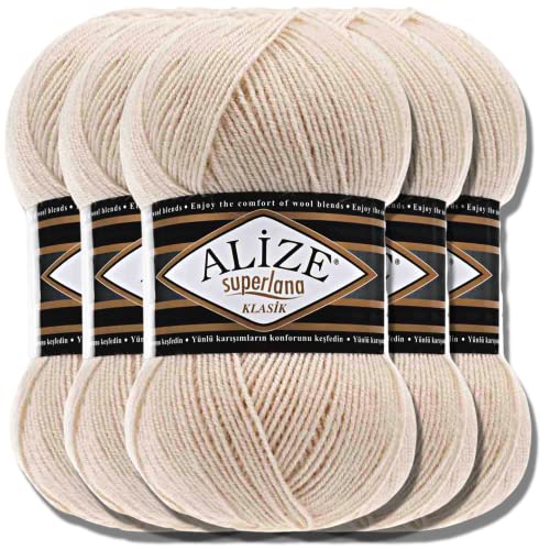 Hobby YARN Alize Superlana Klasik 5 x 100 g Türkische Premium Wolle Baumwolle und Acryl Uni Handstrickgarne Yarn Garn Strickgarn Baby zum Stricken Strickgarn (Honey | 310) von Hobby YARN