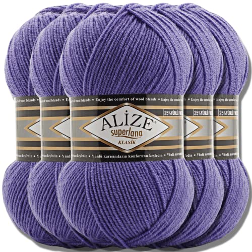 Hobby YARN Alize Superlana Klasik 5 x 100 g Türkische Premium Wolle Baumwolle und Acryl Uni Handstrickgarne Yarn Garn Strickgarn Baby zum Stricken Strickgarn (Violet | 851) von Hobby YARN