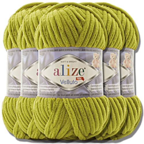 Hobby YARN Alize Velluto 5x 100g Türkische Strickwolle super Bulky Wolle zum Häkeln Uni Farbe Babywolle Flauschgarn Filzwolle Kuschelwolle (Pistachio Green | 11) von Hobby YARN