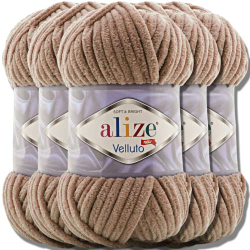 Hobby YARN Alize Velluto 5x 100g Türkische Strickwolle super Bulky Wolle zum Häkeln Uni Farbe Babywolle Flauschgarn Filzwolle Kuschelwolle (Tobacco Brown | 329) von Hobby YARN