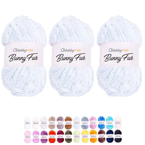 HobbyMia Bunny Fur Flauschiges Garn zum Stricken und Häkeln – 100 g – 100 % Mikropolyester – Kunstgarn (5) sperriges Gewicht, flauschiges Garn zum Handstricken, Eisblau, 3 Knäuel) von HobbyMia