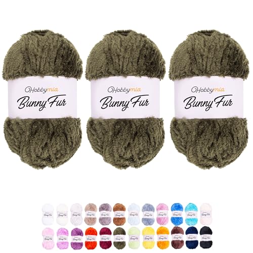 HobbyMia Bunny Fur Flauschiges Garn zum Stricken und Häkeln – 100 g – 100 % Mikropolyester – Kunstgarn (5) sperriges Gewicht, flauschiges Garn zum Handstricken (Dunkelgrün, 3 Knäuel) von HobbyMia