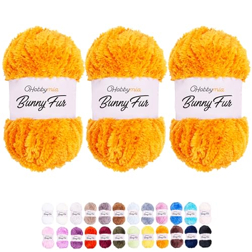 HobbyMia Bunny Fur Flauschiges Garn zum Stricken und Häkeln – 100 g – 100 % Mikropolyester – Kunstgarn (5) sperriges Gewicht, flauschiges Garn zum Handstricken (Orange, 3 Knäuel) von HobbyMia