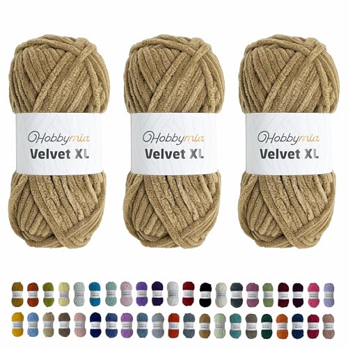 HobbyMia Velvet XL - Chenille-Garn zum Häkeln - 100 g / 74yds - (6) Super Bulky Garn - Flauschiges Garn zum Häkeln - Weiches Plüschgarn zum Häkeln von Babydecken (14199 - Burly Wood, 3 Knäuel) von HobbyMia