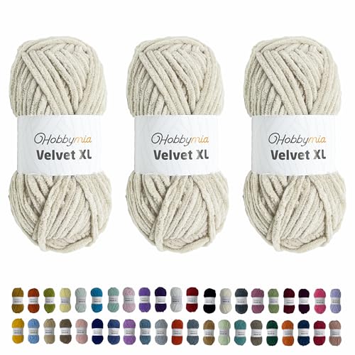 HobbyMia Velvet XL - Chenille-Garn zum Häkeln - 100 g / 74yds - (6) Super Bulky Garn - Flauschiges Garn zum Häkeln - Weiches Plüschgarn zum Häkeln von Babydecken (14599 - Pearl Bush, 3 Knäuel) von HobbyMia