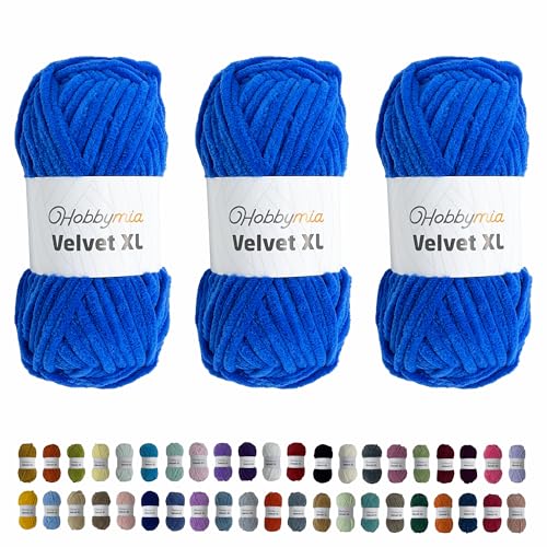 HobbyMia Velvet XL - Chenille-Garn zum Häkeln - 100g/74yds - (6) Super Bulky Garn - Flauschiges Garn zum Häkeln - Weiches Plüschgarn zum Häkeln von Babydecken (14141 - Französisch Blau, 3 Knäuel) von HobbyMia