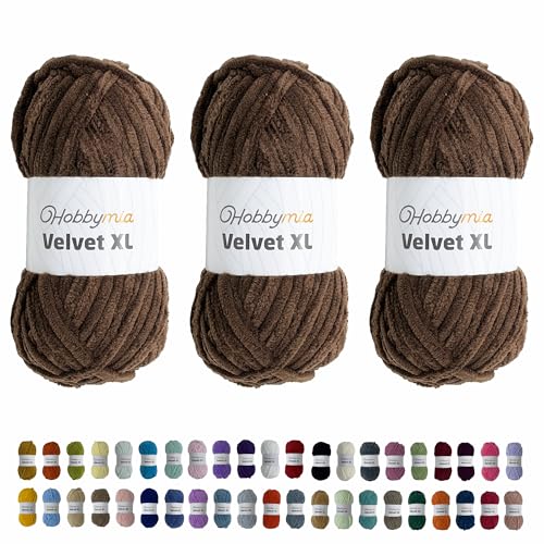 HobbyMia Velvet XL - Chenille-Garn zum Häkeln - 100g/74yds - (6) Super Bulky Garn - Flauschiges Garn zum Häkeln - Weiches Plüschgarn zum Häkeln von Babydecken (14493 - Kongobraun, 3 Knäuel) von HobbyMia