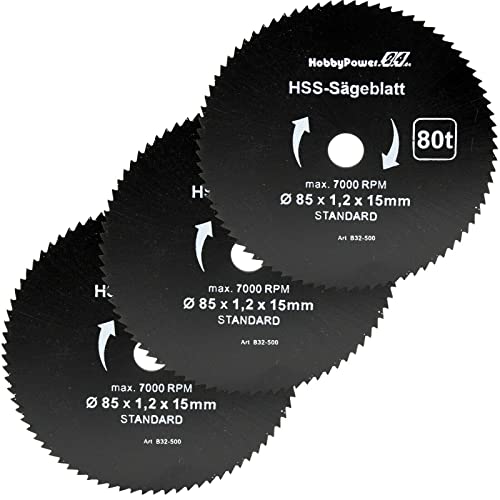 3 Stück HSS Sägeblatt Ø 85 x 15 mm 80 Zähne Kreissägeblatt Kreissäge Handkreissäge für Holz, Kunststoff, Alu, Messing kompatibel mit Makita HS301DZ Akku von HobbyPower24