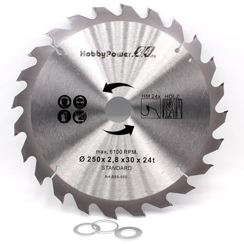 Kreissägeblatt Sägeblatt Hartmetall für Holz Tischkreissäge Kappsäge Gehrungssäge 250 x 30 mm 24 Z Zähne + 3 Reduzierringe auf 24,4mm, 20mm und 16mm von HobbyPower24