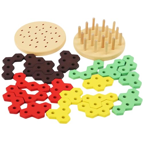 Hobngmuc Holzgebäudespielzeug, Holzblöcke für Kinder - Hexagonalhamburger Stapelblöcke Holzgebäude Spielzeug,Hirnteaser -Puzzle -Bildungsspiele zum Geburtstag von Hobngmuc