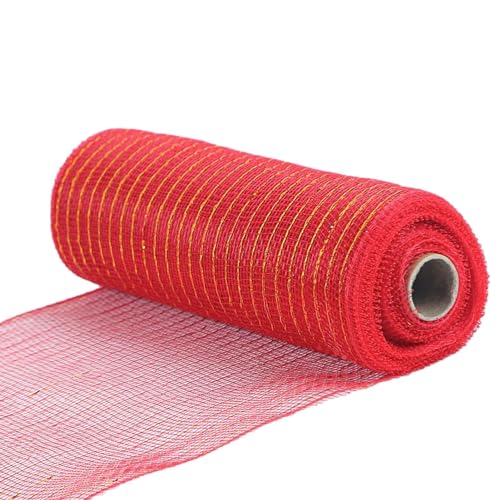 Hobngmuc Poly-Deko-Mesh-Rolle, Drahtband zum Wickeln, buntes Poly-Mesh-Wickelband, atmungsaktives Poly-Mesh-Band, Dekoration, zuschneidbar, weich, Basteln, Dekorationsschleifen (Rot und Gold) von Hobngmuc