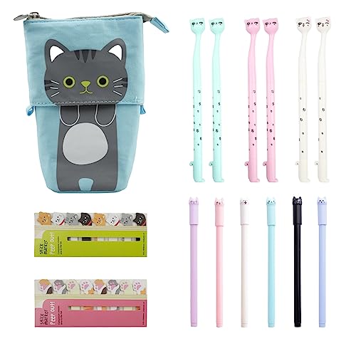 Hocadrv 1 Canvas Cat Telescopic Pouch Bag 12 0.5mm Gelstifte Schwarz und 240 Haftnotiz Seite Index Tabs Niedliches Katzen Schreibwaren Set süße schulsachen (Blau) von Hocadrv