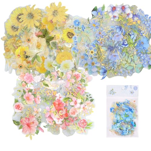 Hocadrv 120 Stück Sticker Blumen Scrapbook Stickers Pflanzen Blumen PET Sticker Blume Scrapbooking Transparent Sticker für Fotoalbum Handwerk DIY Dekoration von Hocadrv