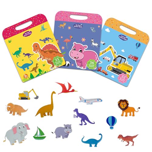 Hocadrv 3 Pack 3D Sticker Kinder Stickerbuch Wiederverwendbar Stickerbücher Jelly Sticker Dinosaurier Tiere Fahrzeug Aufkleber Kinder für 3 4 5 Jahre Kinder Lerngeschenke von Hocadrv