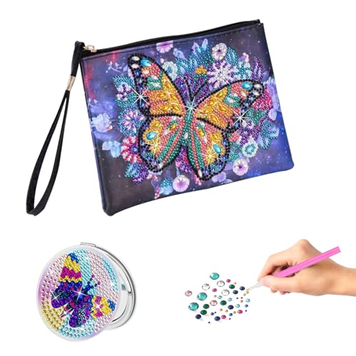 Hocadrv Diamond Painting Kinder Set Basteln Mädchen 6-12 Jahre Diamantmalerei Beutel und Makeup Spiegel Geschenk Mädchen 6 7 8 9 10 Jahre Kleine Kosmetiktasche DIY Kunsthandwerk Diamant Painting von Hocadrv