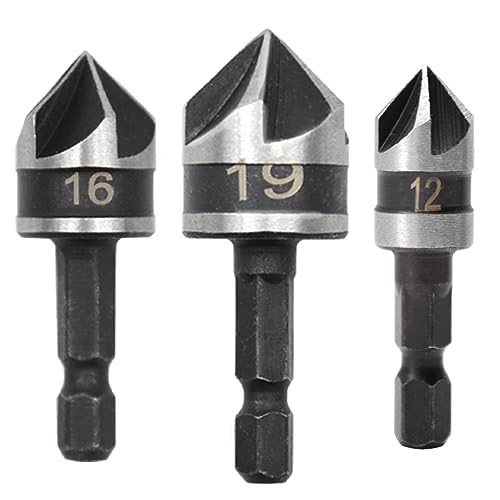 Hocansen 3 Stück Hex Countersink Drill Bit Set 5 Flöten Sechseckiger Schaft Bohrer Bohrer 5 Schneiden 90 Grad können Holz und Metall verwendet werden (12/16/19mm) von Hocansen