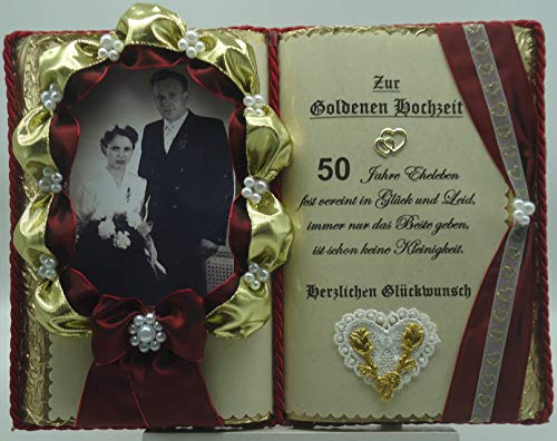 Goldene Hochzeit - 50-jähriges Ehejubiläum - Dekobuch für Foto (mit Holz-Buchständer), Schmuckbücher für alle Anlässe von Hochholzer