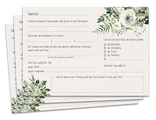 HOCHZEIT DIY Gästebuch Karten - 50 Stück im Vintage Greenery Design in DINA5 und DINA6 Format - Gästekarten Hochzeit zum Einkleben - Karten mit originellen Fragen zum Ausfüllen für Hochzeitsgäste von Hochzeit DIY