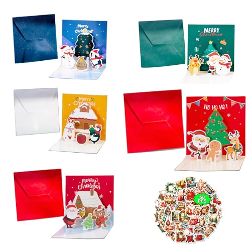 Hoclauho Weihnachtskarten Set, 3D Pop-Up Grußkarten mit Umschlägen und 50pcs Stickern, Süße Weihnachtsmotive wie Weihnachtsmann, Schneemann und Rentier 10x10 cm (A5) von Hoclauho