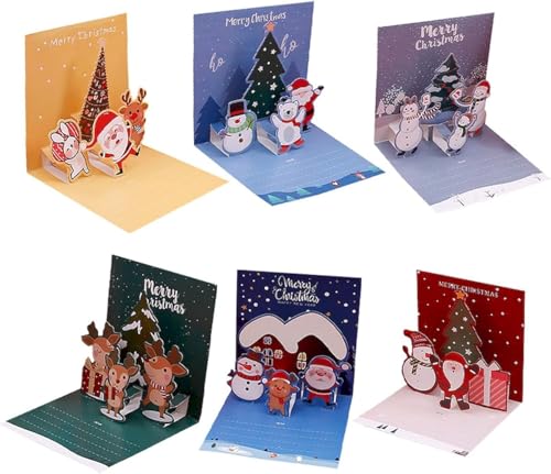 Hoclauho Weihnachtskarten Set, 3D Pop-Up Grußkarten mit Umschlägen und 50pcs Stickern, Süße Weihnachtsmotive wie Weihnachtsmann, Schneemann und Rentier 10x10 cm (B6) von Hoclauho