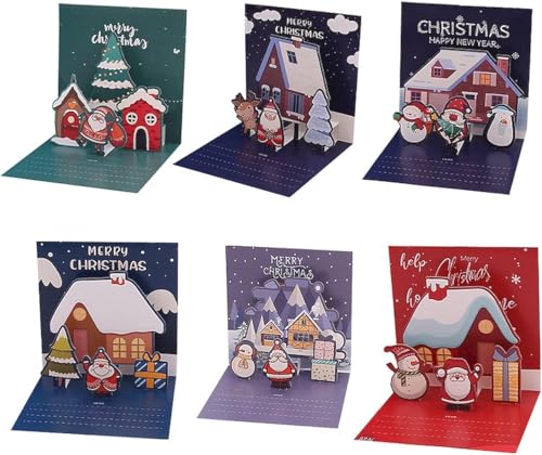 Hoclauho Weihnachtskarten Set, 3D Pop-Up Grußkarten mit Umschlägen und 50pcs Stickern, Süße Weihnachtsmotive wie Weihnachtsmann, Schneemann und Rentier 10x10 cm (C6) von Hoclauho