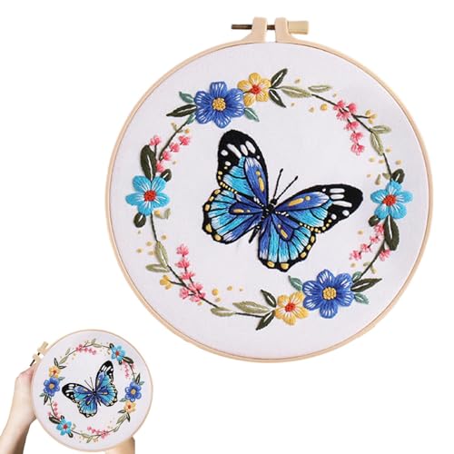 Hogvinnatil Schmetterling-Blumen-Stickset, Tier-Stickerei-Näh-Übungsset,Buntes Handstickset - Rundes Stickset für Anfänger, Nähzubehör für Frauen von Hogvinnatil