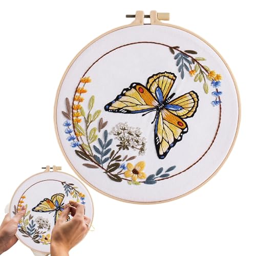 Hogvinnatil Schmetterling-Blumen-Stickset,Schmetterling-Blumen-Stickset | Buntes Handstickset - Rundes Stickset für Anfänger, Nähzubehör für Frauen von Hogvinnatil