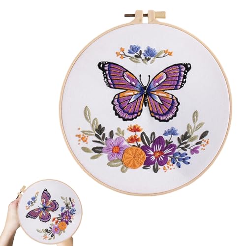 Hogvinnatil Tier-Stickset,Schmetterling-Blumen-Stickset,Buntes Handarbeits-Kunstset | Rundes Stickset für Anfänger, Nähzubehör für Frauen von Hogvinnatil