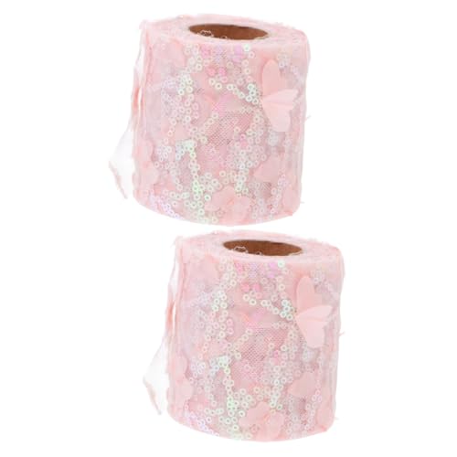 Hohopeti 2 Rollen Tüllband bestickter Zopfbesatz Hochzeit Tüll Spule Spitzen-Mesh-Besatz Kleidung gutl guci Tiara kopfschmuck zubehör selber machen besticktes Paillettenband Polyester Rosa von Hohopeti