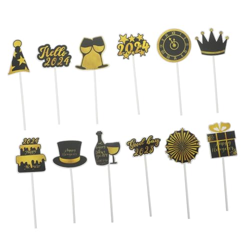 Hohopeti 24St Kuchenfahnen Glitzer-Cupcake-Topper frohes neues jahr kuchen topper Silvester-Party-Kuchen-Dekor Kuchendekoration des neuen Jahres Silvester-Party-Kucheneinsätze Papier Black von Hohopeti