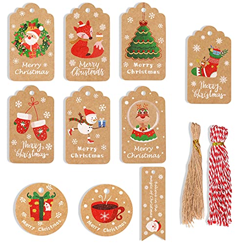 Geschenkanhänger Weihnachten, 100 Stk Geschenk Anhänger Kraftpapier Etiketten Weihnachten mit Jute-Schnur und Bäcker Bindfäden, 10 Stil Anhänger Weihnachten für DIY, Weihnachtsbaum schmücken, Handwerk von Hoiny