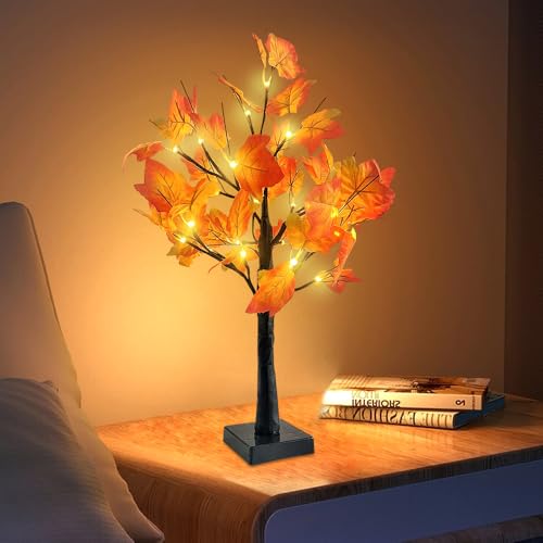 Hojalis Ahornblatt Baum Licht mit 24 LEDs, 60cm Herbst Deko Lichterbaum für Innen, Ahornblatt-Lampe, Herbstdeko Lichterbaum für Innen, für Wohnzimmer, Halloween Deko, USB & Batteriebetrieben von Hojalis