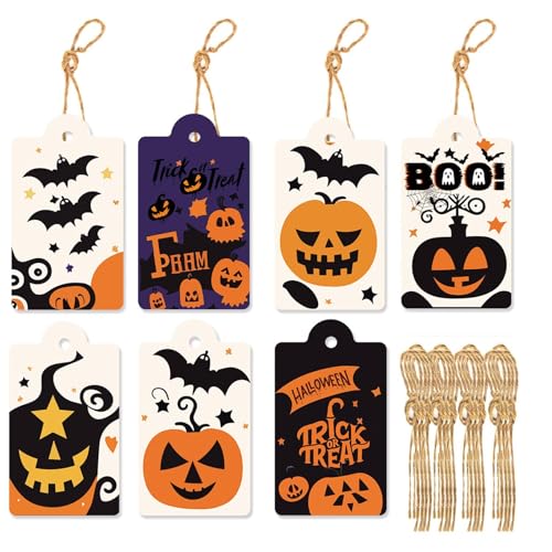 Holdes Halloween-Tags,Halloween-Leckerei-Tags | 80 Stück Basteletiketten für Süßes oder Saures mit Schnur,-Fledermaus-Anhänger, 8 Stile, Halloween-Papieranhänger für Halloween- -Geschenkdekoration von Holdes