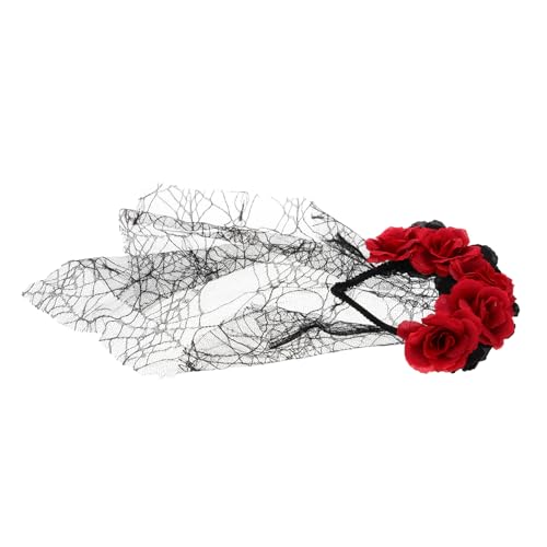 Holibanna Rosenschleier Kopfbedeckung mit Rosenblütenkrone Stirnband mit Blumenkrone Halloween Cosplay Haarschmuck Schwarzer Schleier Kopfschmuck Halloween-Kostüm-Kopfschmuck Cosplay-Kostüm von Holibanna