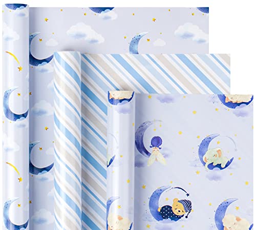 Holijolly Baby Dusche Wrapping Paper Roll.Mini Roll.3 Rolls.43.2x305cm Pro Rolle für Schmetterlingsmädchen, kleiner Bär, Mond, Streifen Design für Kinder von Holijolly