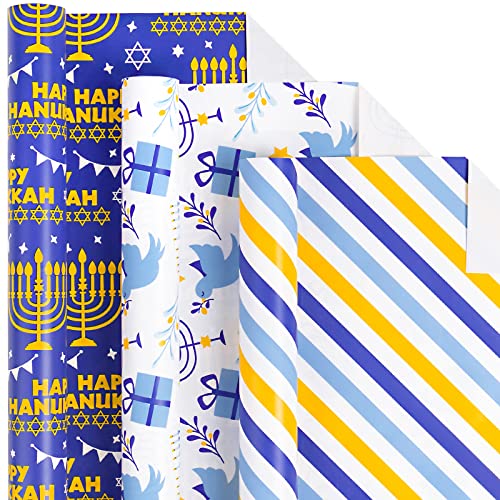 Holijolly Chanukka-Geschenkpapierrolle – halbe Rolle – Menorah, Hexagramm mit „Happy Chanukka“-Buchstaben/Kerze und Vogel/Streifen für Geschenkverpackung – 43 x 305 cm x 3 Rollen (42.5 sq.ft.ttl.) von Holijolly