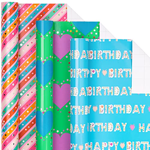 Holijolly Geburtstag Wrapping Paper Roll.Mini Roll "Happy Birthday"-Schriftzug/Herz/Streifendesign, Kinder Geschenk Wrapping auf 43.2 cm X 3.05 m, 3 Rollen (42.5 sq.ft.ttl.) von Holijolly