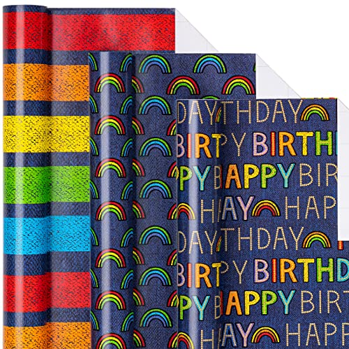 Holijolly Geburtstag Wrapping Paper Rolle.Mini Rolle mit Regenbogen Streifen in Denim Blau für Mädchen, Jungen, Kinder, Erwachsene, Freunde bis 43.2cm X 3.05m, 3 Rollen von Holijolly