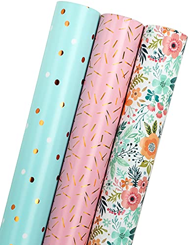 Holijolly Geschenkpapier Rolle - Mini Rolle - 43cm X 3m pro Rolle - Rosa & Blau & Florales Design (3.87 Quadratmeter) von Holijolly