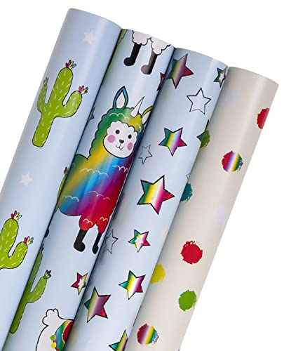 Holijolly Geschenkpapierrolle - Süßes Lama und Sterne mit Metallicfolienglanz - 4 Rollen - 76x300cm pro Rolle von Holijolly