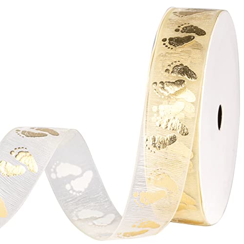 Holijolly Goldfarbenes transparentes Geschenkband – Schneegarnband mit Fußabdruck-Design für Babyparty, Geburtstag, 1,9 cm x 9,1 m von Holijolly