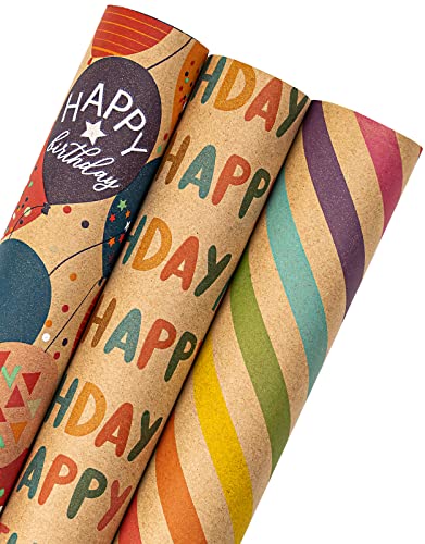 Holijolly Kraft Geburtstag Geschenkpapier Rolle - Mini-Rolle - 43,2x305cm pro Rolle - Bunte Ballon und Diagonalstreifen (42,3 sq.ft.TTL) von Holijolly